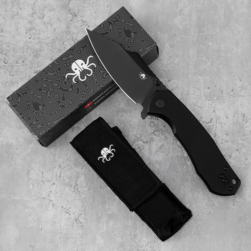 Klaken B04 Grani J209-BlackG10-Blackblade front view – 3.07" black-coated D2 drop point folding knife with black G10 handle
