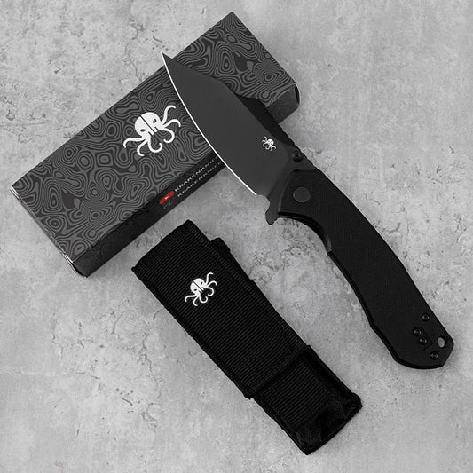 Klaken B04 Grani J209-BlackG10-Blackblade front view – 3.07" black-coated D2 drop point folding knife with black G10 handle