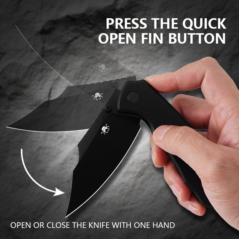 Klaken B04 Grani J209-BlackG10-Blackblade open position showing black-coated D2 drop-point blade