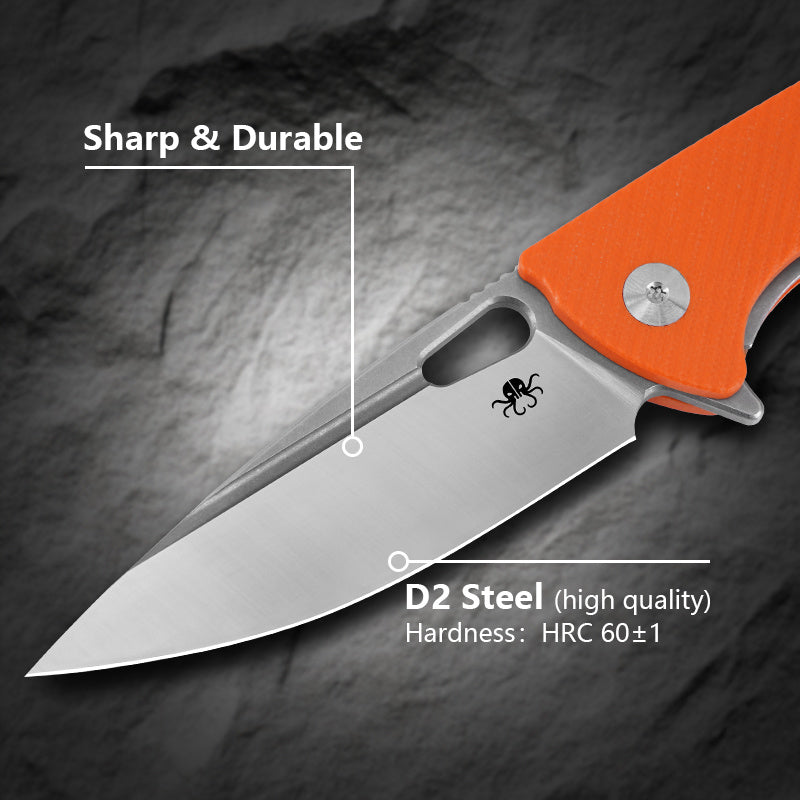 Klaken B04 Grani J209-OrangeG10-Satinblade blade detail – satin D2 drop point