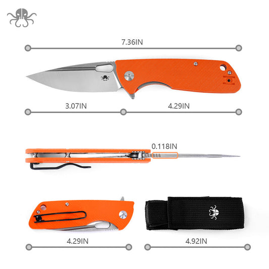 Klaken B04 Grani J209-OrangeG10-Satinblade front view – 3.07" satin D2 drop point folding knife with orange G10 handle