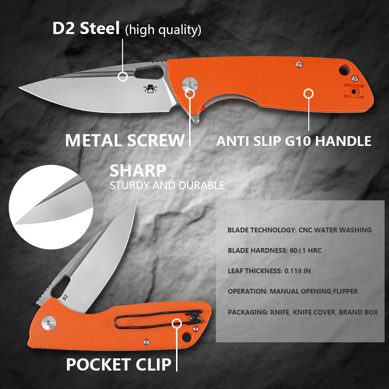 Klaken B04 Grani J209-OrangeG10-Satinblade liner lock detail with anti-slip orange G10 handle