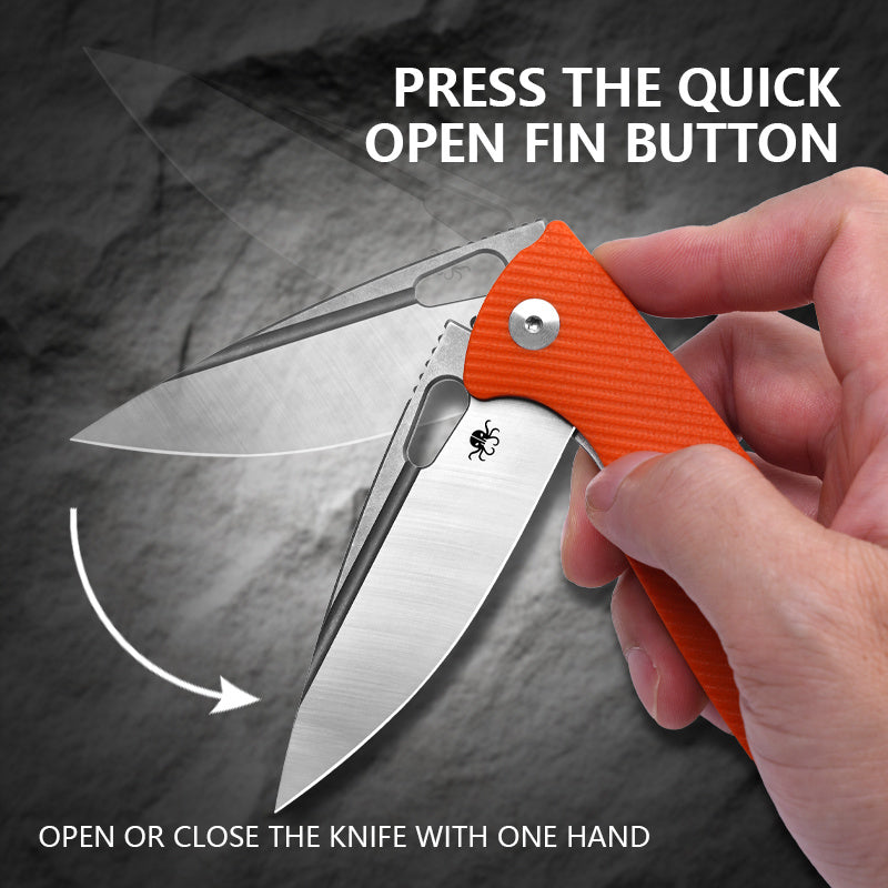 Klaken B04 Grani J209-OrangeG10-Satinblade open position showing satin D2 drop-point blade