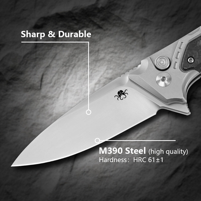 Klaken B05 Hermod J214-BlackCarbonTi blade detail – bead-blasted M390 drop point