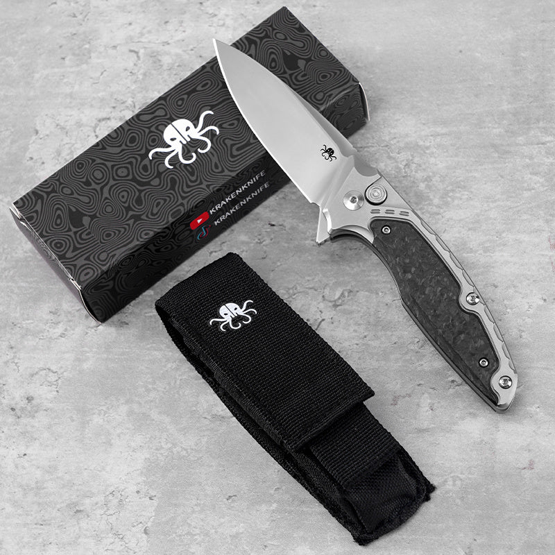 Klaken B05 Hermod J214-BlackCarbonTi closed view with branded box and nylon pouch