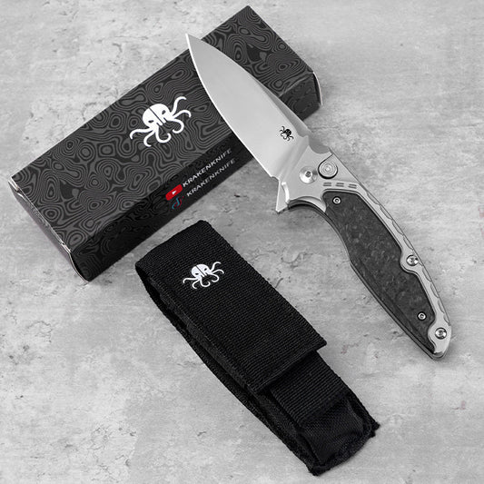 Klaken B05 Hermod J214-BlackCarbonTi closed view with branded box and nylon pouch