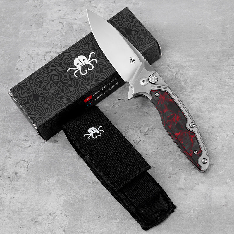 Klaken B05 Hermod J214-RedCarbonTi front view – 3.15" bead-blasted M390 drop point folding knife with red carbon fiber and titanium handle, box and pouch