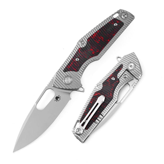 Klaken B06 Sigurd J226-RedCarbonTi front view – 3.23" bead-blasted 14C28N drop point folding knife with red carbon fiber and titanium handle