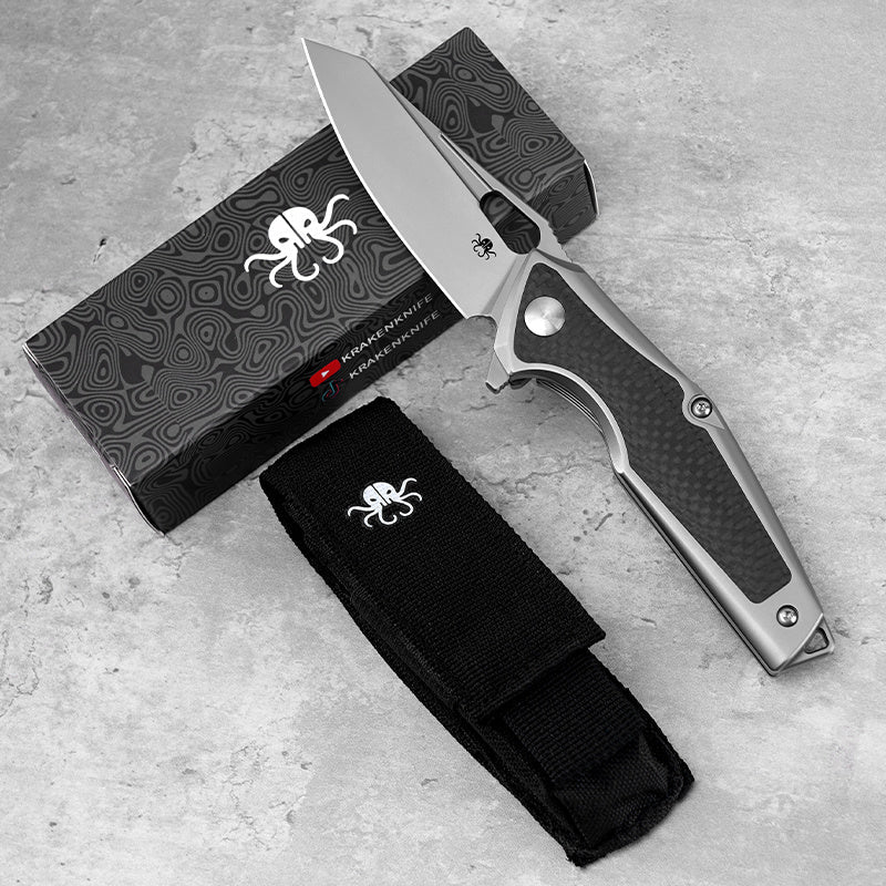 Klaken B07 Albir J235 front view – 3.35" bead-blasted M390 drop point folding knife