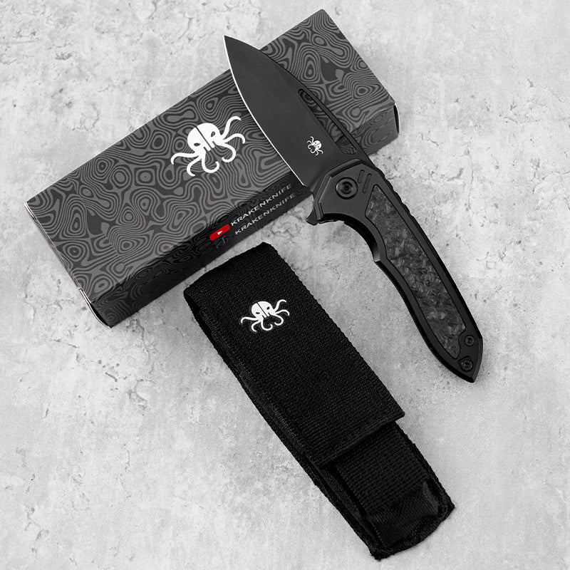 Klaken B08 Ragna J236 front view – 2.79" black M390 drop point titanium frame lock folding knife