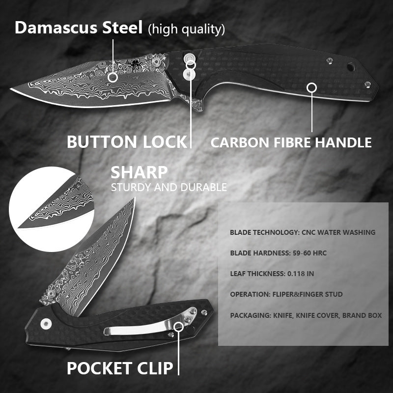 Klaken J284 Noir J284-ShreddedCarbon blade detail – Damascus drop point