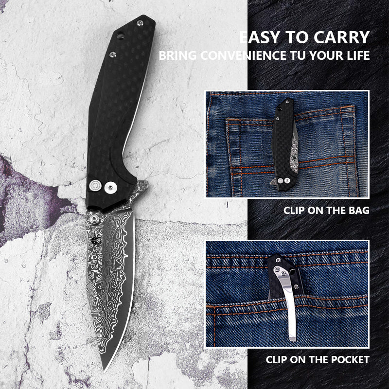 Klaken J284 Noir J284-ShreddedCarbon front view – 3.3″ Damascus drop point button lock folding knife