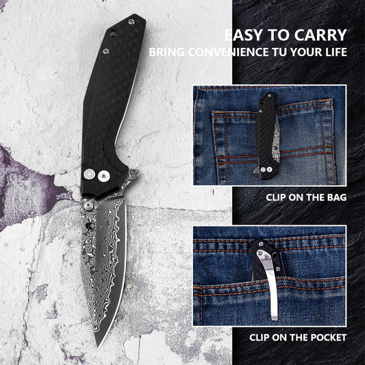Klaken J284 Noir J284-ShreddedCarbon front view – 3.3″ Damascus drop point button lock folding knife
