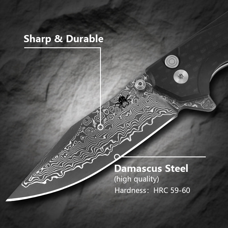 Klaken J284 Noir J284-ShreddedCarbon open position showing Damascus drop point blade
