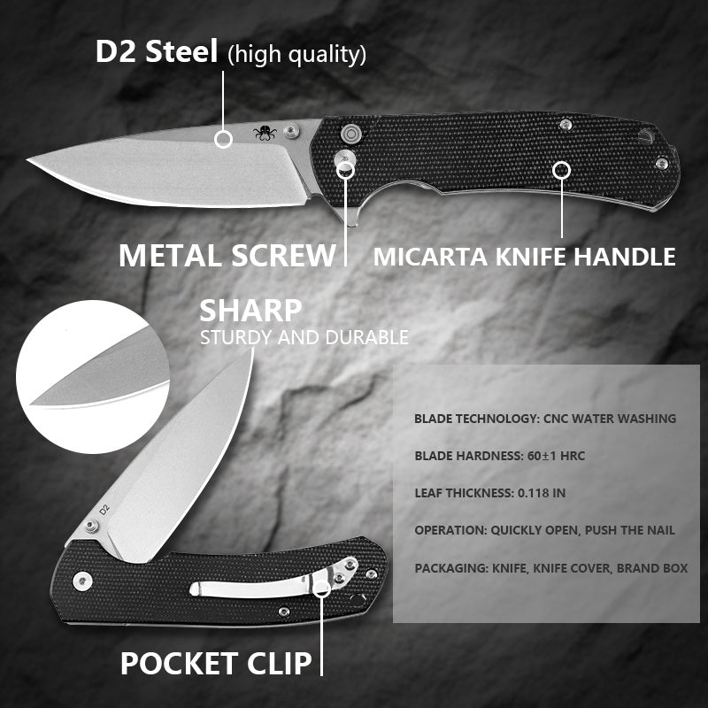 Klaken J285 Stone Fang J285-BlackMicarta blade detail – stonewashed D2 drop point