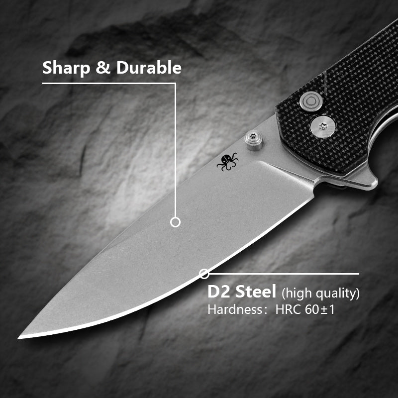 Klaken J285 Stone Fang J285-BlackMicarta open position showing D2 drop point blade