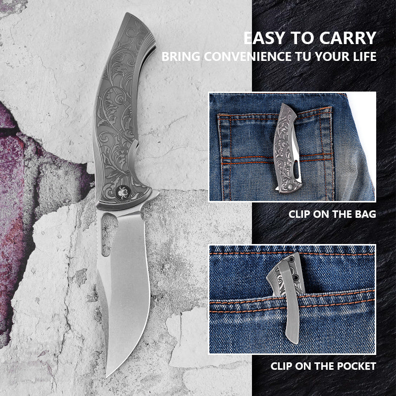 Klaken B11 Hodr J298-GreyTi front view – 3.66" stonewashed M390 drop point folding knife