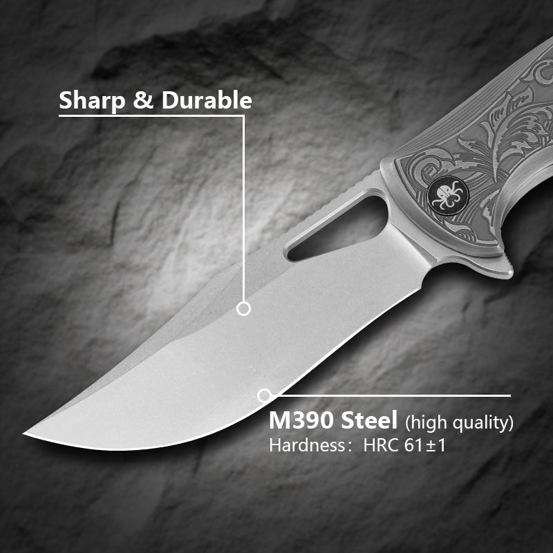 Klaken B11 Hodr J298-GreyTi open position showing M390 drop point blade