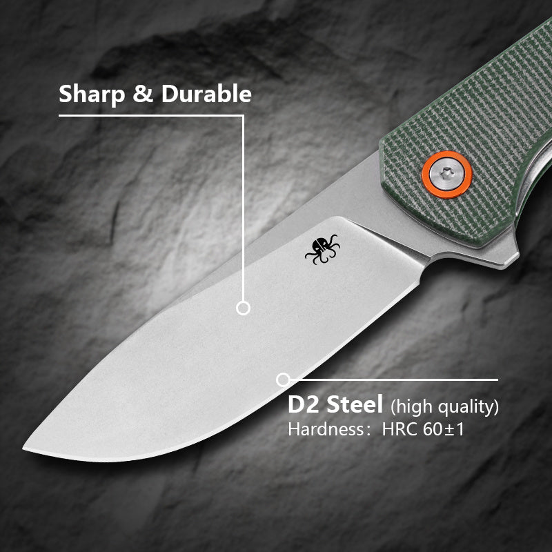 Klaken J305 Drake J305-BlackMicarta open position showing D2 drop point blade