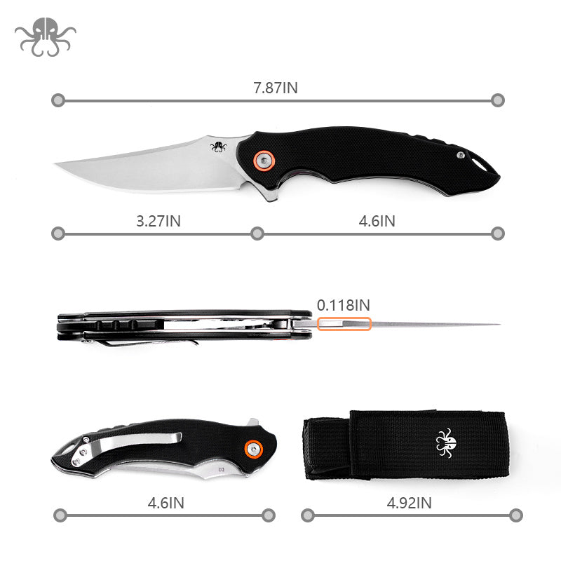 Klaken Corvus J307-BlackG10 dimensions – 7.87" overall, 3.27" blade, 4.6" closed, 0.118" thick with nylon sheath