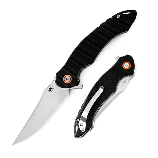 Klaken Corvus J307-BlackG10 front view – 3.27" stonewashed D2 drop point folding knife with black G10 handle