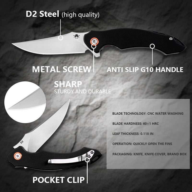 Klaken Corvus J307-BlackG10 feature detail – D2 steel blade, metal screws, anti-slip black G10 handle, pocket clip