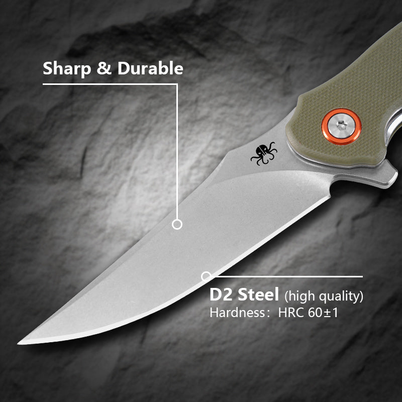 Klaken Corvus J307-GreenG10 blade detail – stonewashed D2 steel, HRC 60