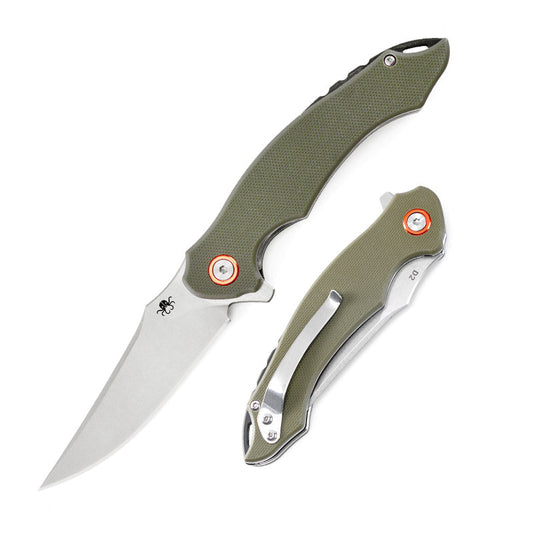 Klaken Corvus J307-GreenG10 front view – 3.27" stonewashed D2 drop point folding knife with OD green G10 handle