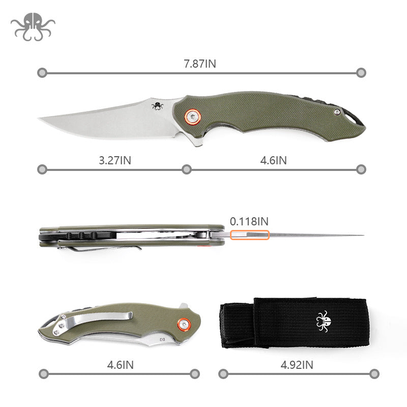 Klaken Corvus J307-GreenG10 liner lock and pocket clip detail with dimensions