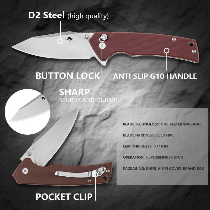Klaken J313 Riven J313-D2-BrownG10 blade detail – stonewashed D2 drop point
