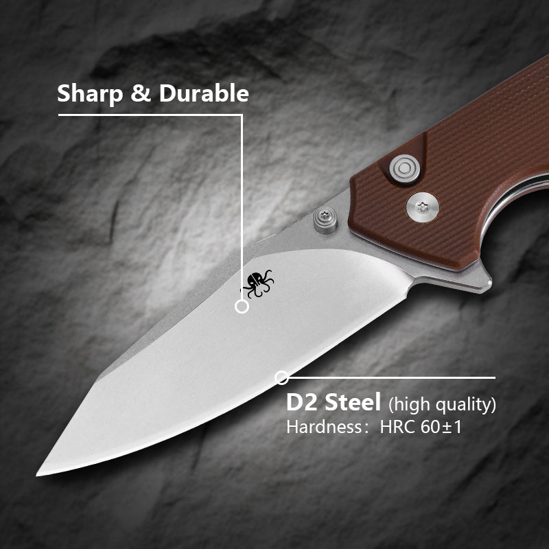 Klaken J313 Riven J313-D2-BrownG10 open position showing stonewashed D2 drop point blade