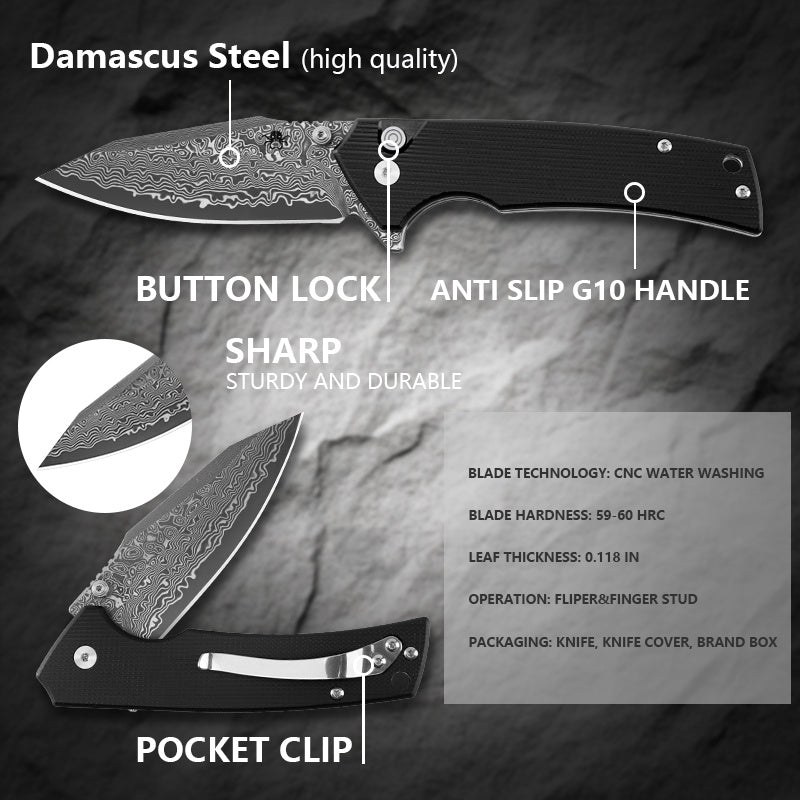 Klaken J313 Riven J313-Damascus-BlackG10 blade detail – Damascus drop point