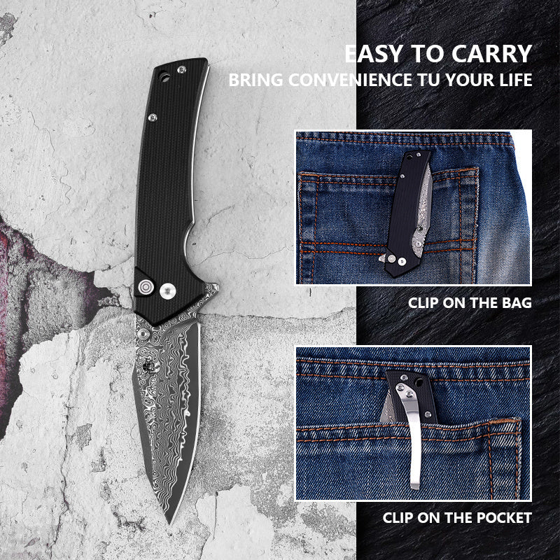 Klaken J313 Riven J313-Damascus-BlackG10 front view – 3.27" Damascus drop point folding knife