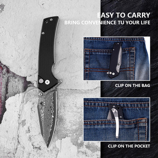 Klaken J313 Riven J313-Damascus-BlackG10 front view – 3.27" Damascus drop point folding knife