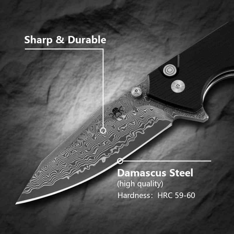 Klaken J313 Riven J313-Damascus-BlackG10 open position showing Damascus drop point blade