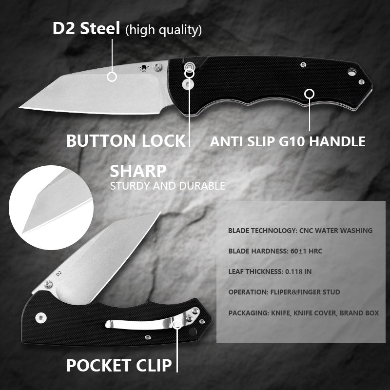 Klaken J314 Frontline J314-BlackG10 blade detail – stonewashed D2 drop point