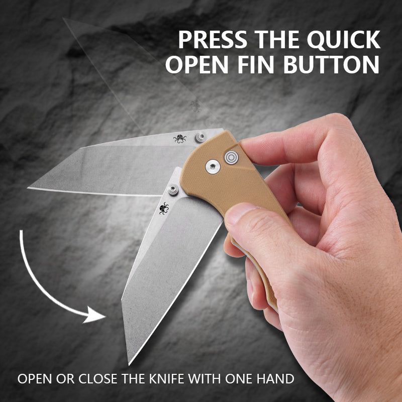 Klaken J314 Frontline J314-KhakiG10 blade detail – stonewashed D2 drop point