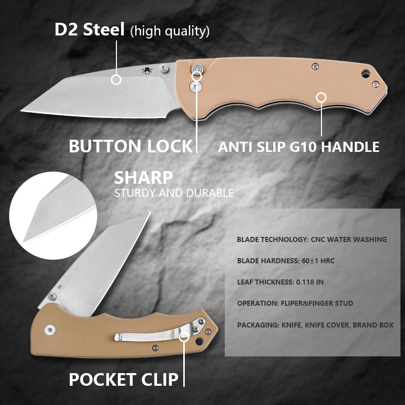 Klaken J314 Frontline J314-KhakiG10 open position showing D2 drop point blade