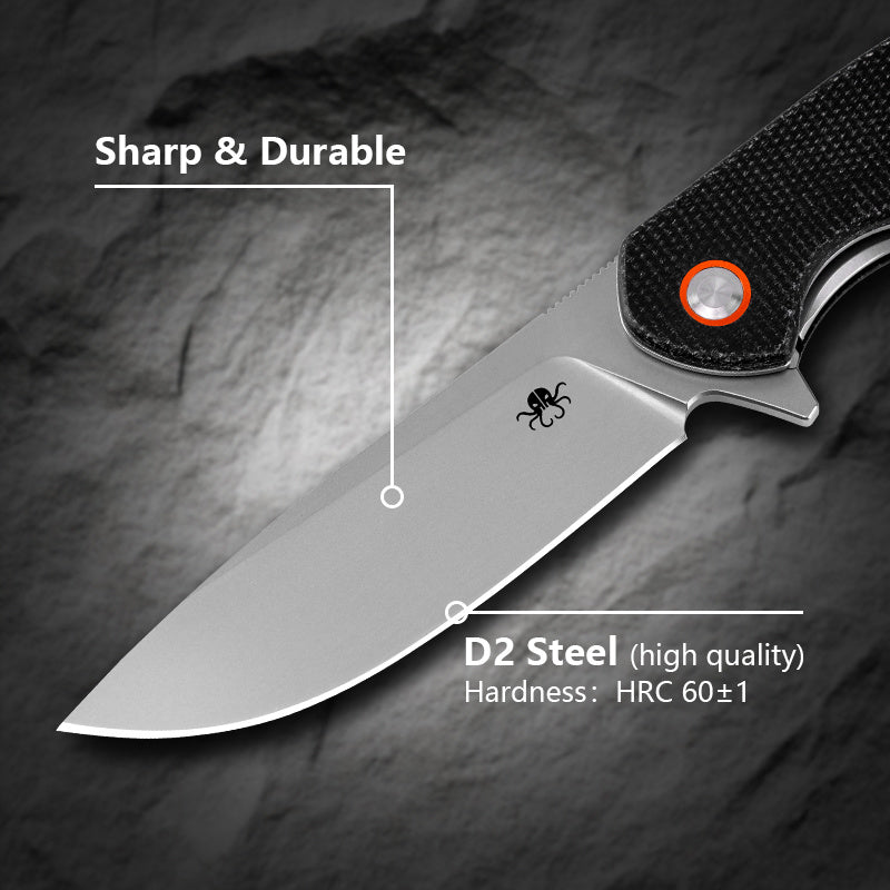 Klaken J326 Varek J326-BlackMicarta blade detail - satin D2 drop point