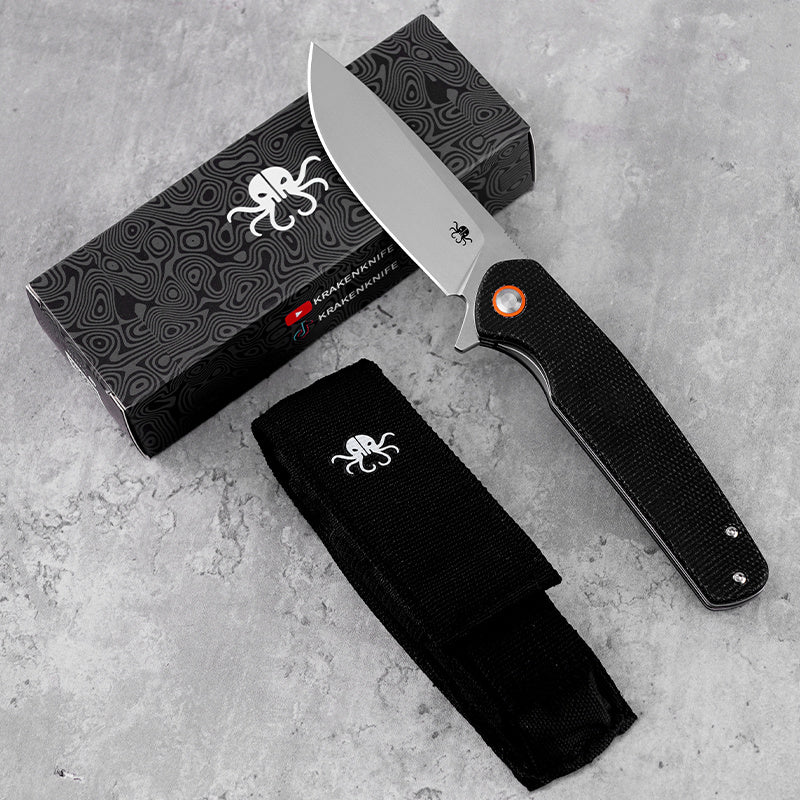 Klaken J326 Varek J326-BlackMicarta closed view with brand box and nylon pouch
