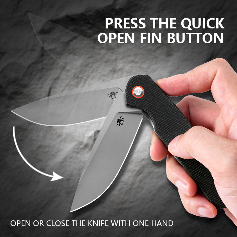 Klaken J326 Varek J326-BlackMicarta open position showing D2 drop point blade
