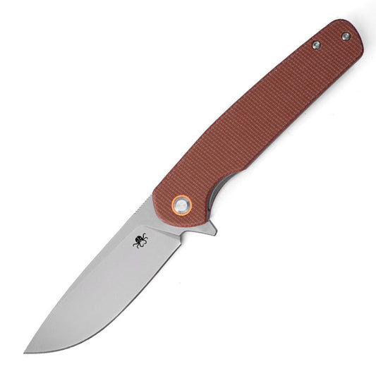 Klaken J326 Varek J326-BrownMicarta front view - 3.35" satin D2 drop point folding knife with brown Micarta handle