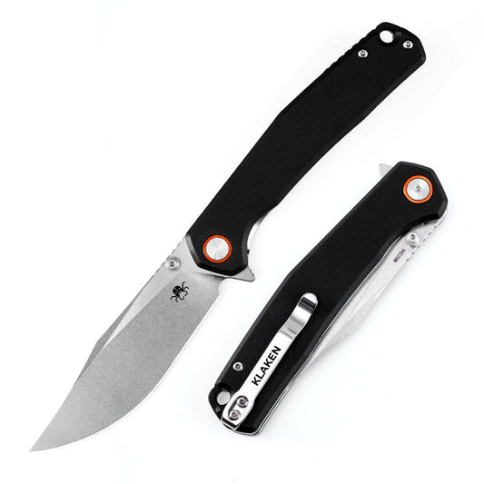 Klaken Lancet J335-BlackG10-Satin front view – black G10 handle, satin 14C28N blade