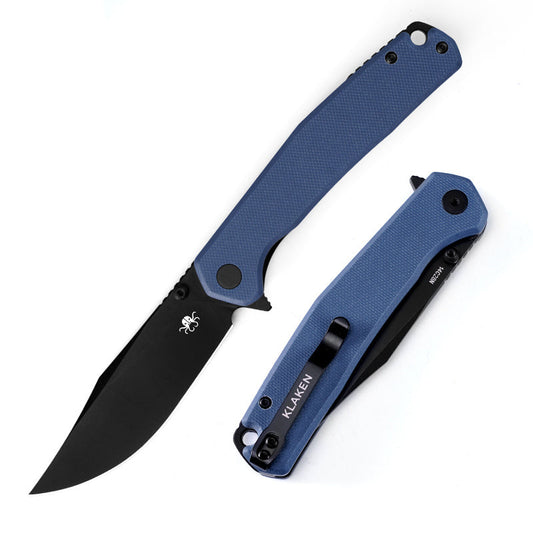 Klaken Lancet J335-BlueG10-BlackBlade front view – blue G10 handle, black Ti-coated 14C28N blade