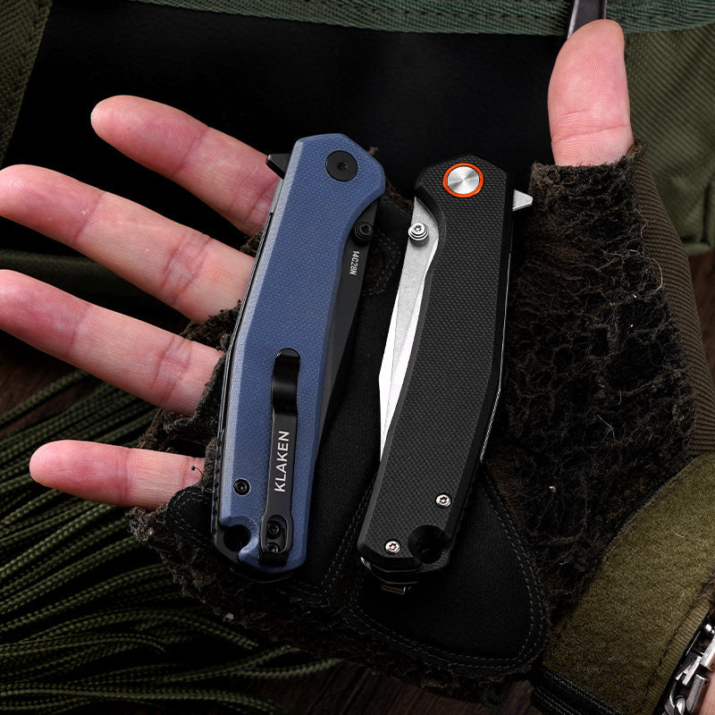 Klaken Lancet J335-BlueG10-BlackBlade open position showing black 14C28N blade