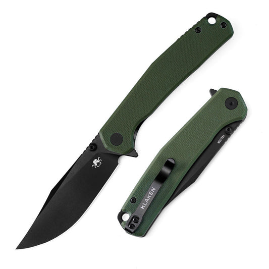Klaken Lancet J335-GreenG10-BlackBlade front view – OD green G10 handle, black Ti-coated 14C28N blade