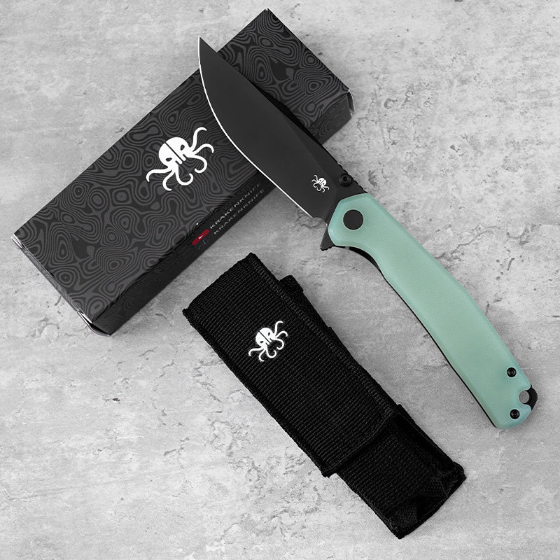 Klaken Lancet J335-JadeG10-BlackBlade open position showing black Ti-coated 14C28N blade
