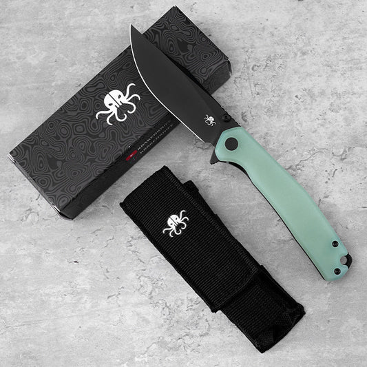 Klaken Lancet J335-JadeG10-BlackBlade open position showing black Ti-coated 14C28N blade