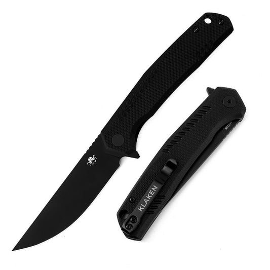 Klaken J336 The Flint J336-BlackG10-BlackBlade front view – 3.54" black Ti-coated 14C28N drop point folding knife with black G10 handle