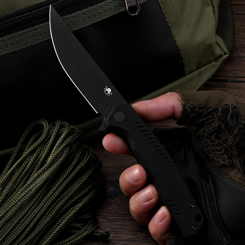 Klaken J336 The Flint J336-BlackG10-BlackBlade open position showing 14C28N black Ti-coated drop point blade